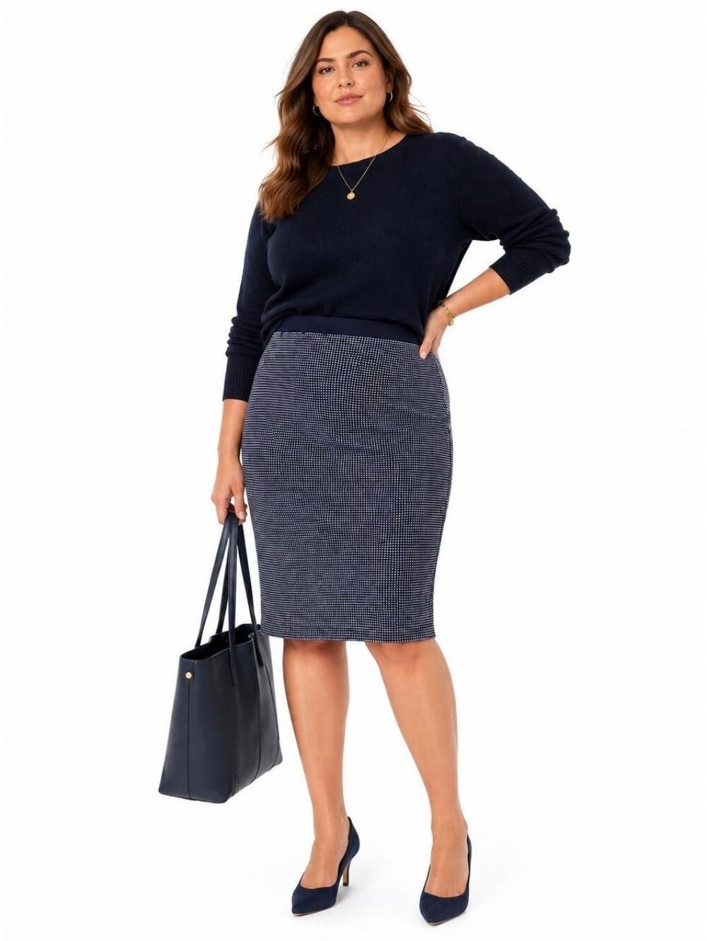 Boden Navy Blue Ivory Geometric Textured Modern Pencil Skirt, 8R